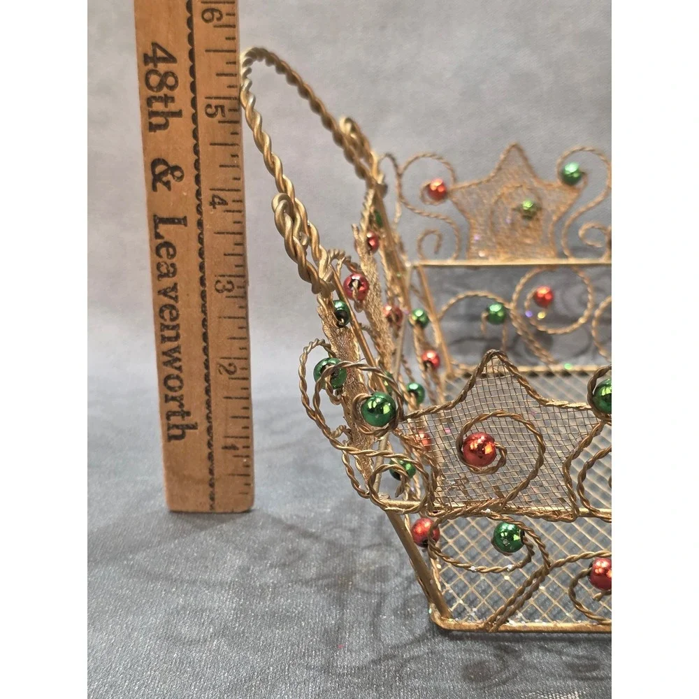 Vintage Gold Wire Mesh Christmas Basket Red Green Beads Holiday Decor